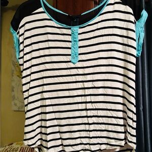 Mine Black and White Striped Tee with Teal Highlights